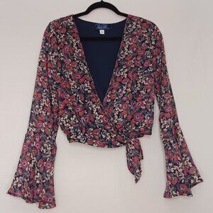 Women's Blue Rain Flare wrist floral hippie disco‎ top size Medium